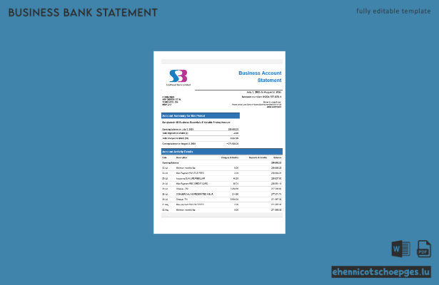 SB Bank Geschäftskontoauszug – Beispielansicht (Word und PDF)